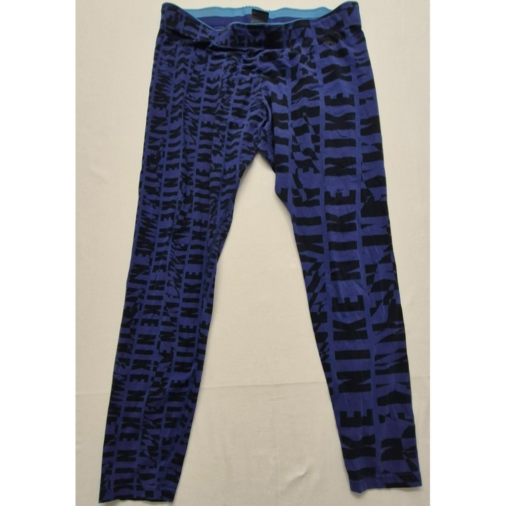 VTG Nike women's blue long leggings black "Nike" all over logo print XL Cotton